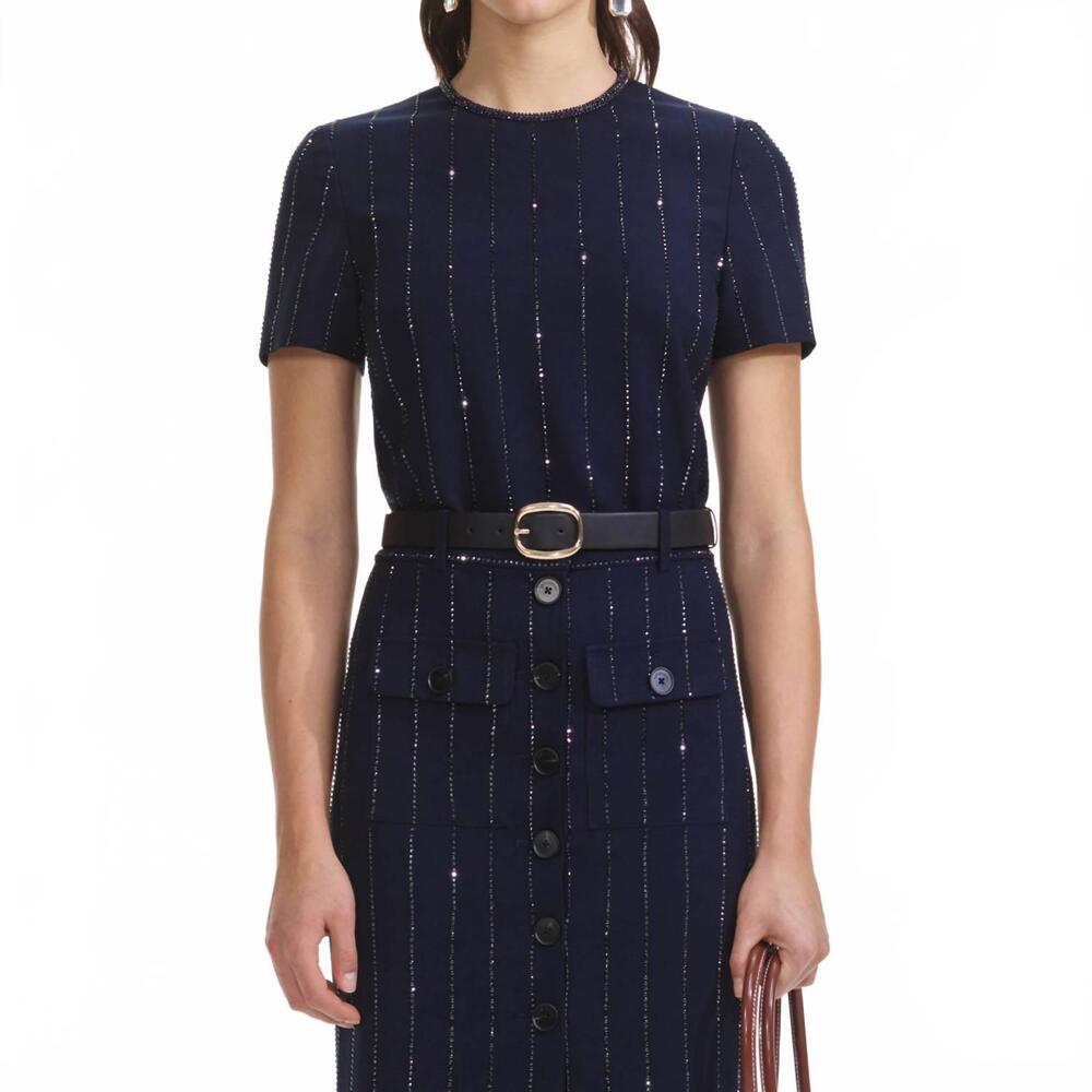 NEW SELF-PORTRAIT rhinestone pinstripe top in navy